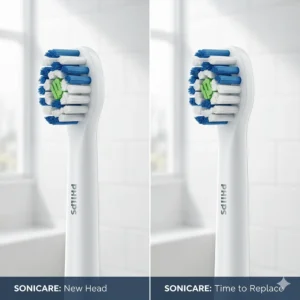 A close-up showing Sonicare blue reminder bristles fading to white, indicating it is time to change the brush head for optimal oral hygiene.