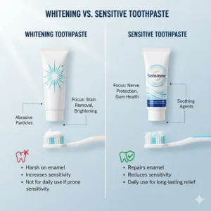 Comparison between abrasive whitening pastes and gentle, low-abrasion toothpaste formulated specifically for sensitive teeth.