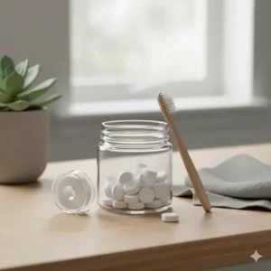 A glass apothecary jar filled with white toothpaste tablets next to a tube of natural mint toothpaste in a contemporary UK home.