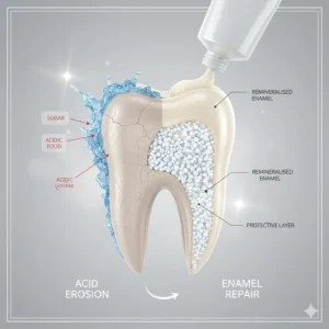 A detailed diagram showing a tooth cross-section affected by acid erosion from sugar and acidic food, being remineralised with a protective enamel repair layer.
