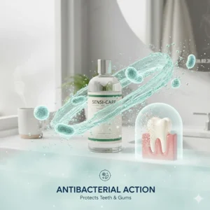 A detailed scientific visual showing alcohol-free antibacterial mouthwash providing a protective shield for teeth and gums against bacteria.