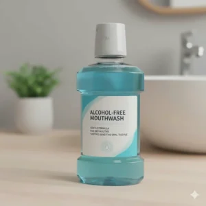 Close-up of an alcohol-free mouthwash label, highlighting its gentle formula for dry mouths and sensitive oral tissue.