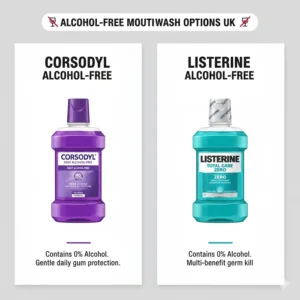 A side-by-side comparison of the alcohol-free variants of Corsodyl Daily and Listerine Total Care Zero available in the UK.