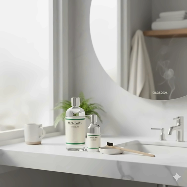 A premium bottle of alcohol-free mouthwash on a marble bathroom vanity, showcasing a gentle oral care routine with natural British morning light. alcohol free mouthwash