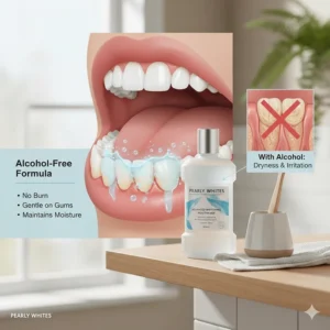 Infographic highlighting the benefits of alcohol-free mouthwash formulae for preventing dryness and gum irritation.