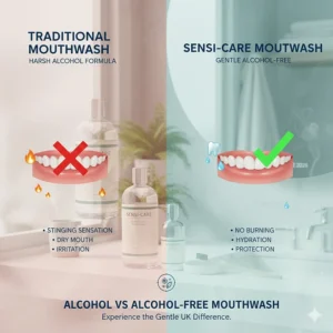 A side-by-side comparison chart contrasting the irritation of traditional alcohol mouthwash with the hydrating protection of a gentle, alcohol-free alternative.