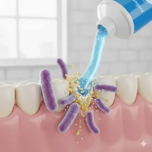 Diagram showing how antibacterial toothpaste targets plaque bacteria along the gum line.