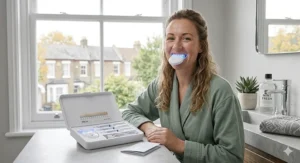 A close-up of a person applying enamel-safe teeth whitening gel from a syringe into a clear LED light tray.