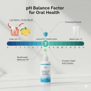 An infographic showing how a neutral pH mouthwash protects tooth enamel from acid erosion caused by low saliva.