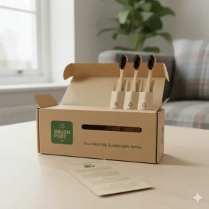Eco-friendly letterbox packaging for a UK-based bamboo toothbrush subscription service on a wooden table.