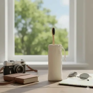 A sustainable bamboo toothbrush tucked into a travel case made from organic cotton, ideal for eco-conscious holidays.