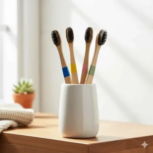 A set of four bamboo toothbrushes with different coloured ends to help UK families distinguish between their brushes.