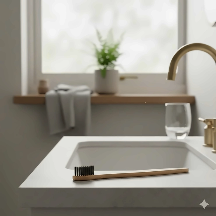 A sustainable bamboo toothbrush with charcoal-infused bristles resting on a stone bathroom sink in a bright UK home. bamboo toothbrush