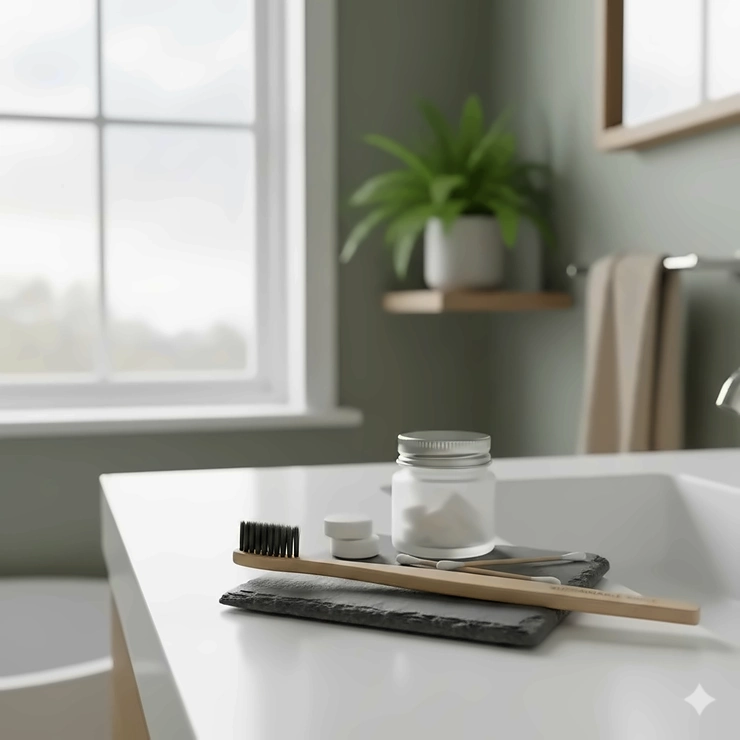 A sustainable eco friendly toothbrush with charcoal bristles resting on a white ceramic sink in a bright UK bathroom. eco friendly toothbrush