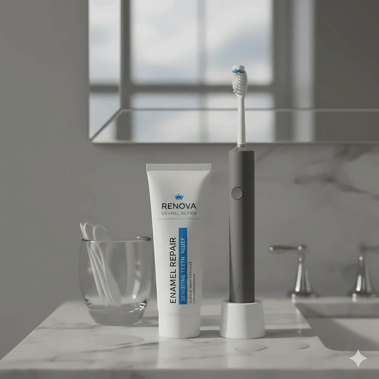 A tube of enamel repair toothpaste on a modern marble bathroom vanity in the UK, featuring clinical white and blue packaging alongside a grey electric toothbrush. enamel repair toothpaste
