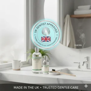 A professional UK Dentist Approved seal overlaid on a modern bathroom setting, emphasising trusted gentle care and British quality standards.
