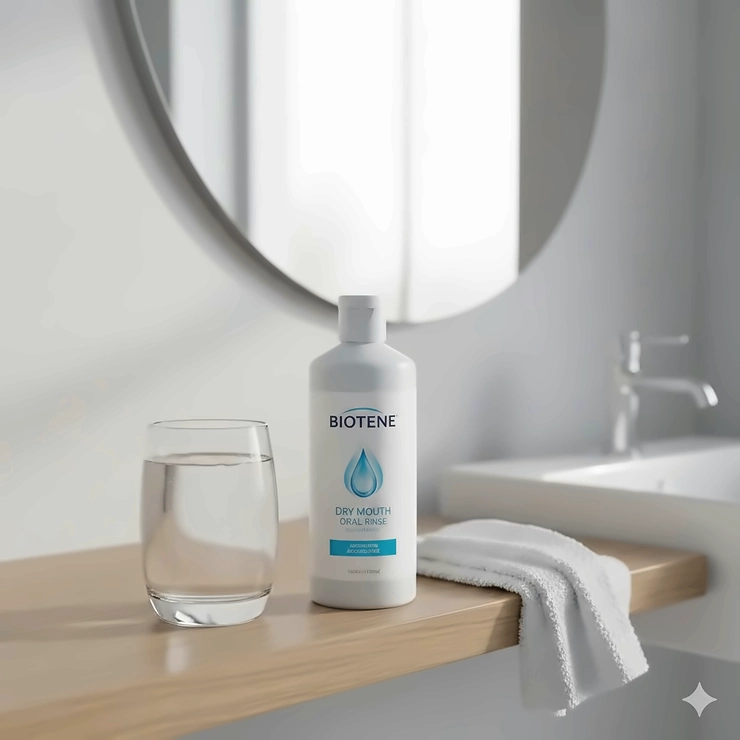 A bottle of alcohol-free mouthwash for dry mouth on a modern bathroom shelf next to a glass of water. mouthwash for dry mouth