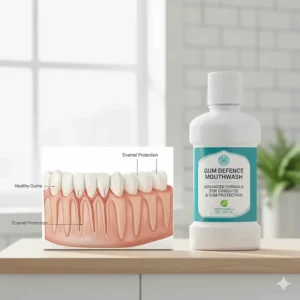 A dental illustration showing healthy gums next to a bottle of specialist mouthwash for gingivitis and gum protection.