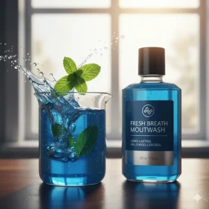 A fresh mint leaf splashing into blue liquid, representing the best mouthwash for long-lasting fresh breath.