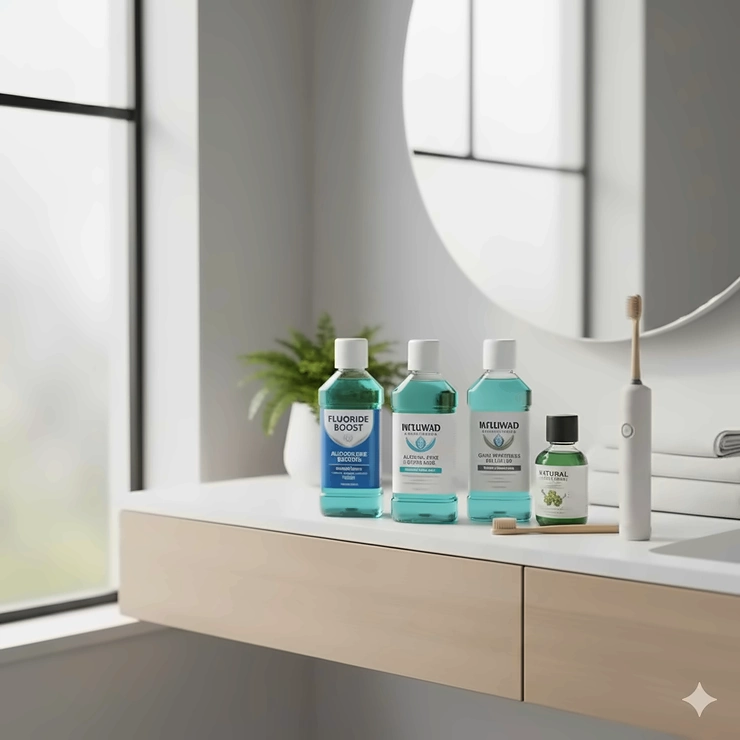 A selection of the best mouthwash bottles available in the UK, including fluoride and alcohol-free options, arranged on a bathroom shelf. best mouthwash