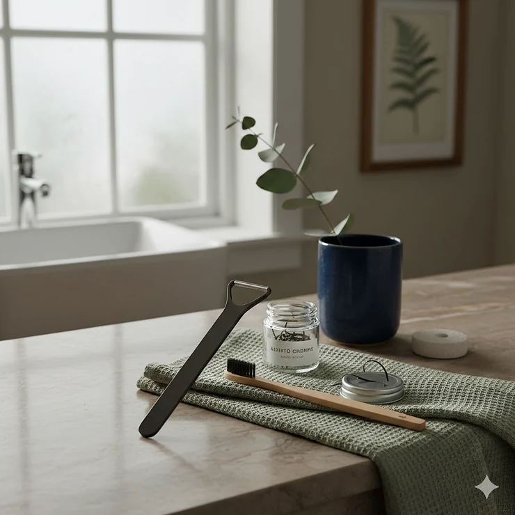 Alt text for image 1: A premium stainless steel tongue scraper displayed in a modern British bathroom setting, reflecting a clean and professional oral health routine. tongue scraper