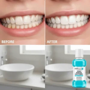 Before and after visual of a bright smile, illustrating the effects of the best mouthwash for removing tea and coffee stains.
