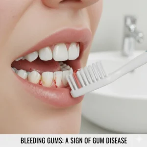 A close-up photorealistic illustration of bleeding gums during brushing, a primary sign of early gum disease.