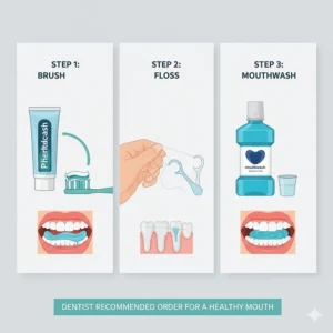 A three-step guide showing the dentist-recommended order of oral care for a British audience: brushing, then flossing, and finally using mouthwash.