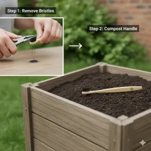 A step-by-step diagram showing how to remove bristles before placing a bamboo toothbrush handle into a garden compost bin.