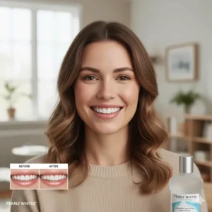 Portrait of a woman with a naturally bright, white smile with a before and after inset showing the results of consistent use.