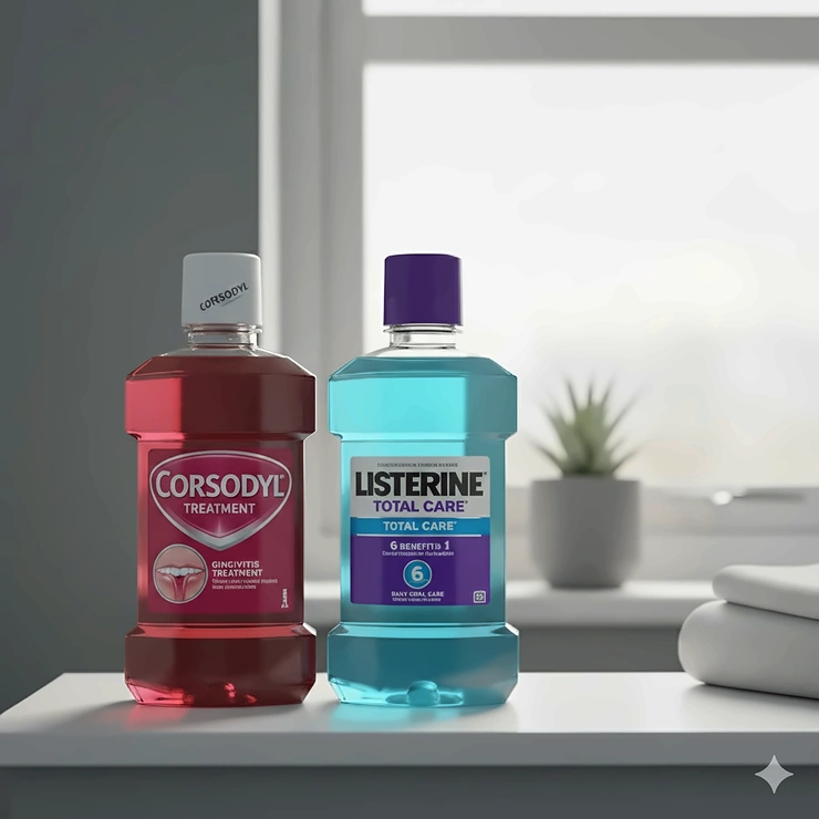 A side-by-side comparison of Corsodyl Treatment and Listerine Total Care mouthwash bottles on a bathroom vanity with natural British morning light. corsodyl vs listerine