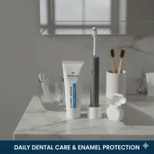 A comprehensive daily dental care routine setup featuring enamel repair toothpaste, dental floss, and interdental picks on a clean bathroom shelf.