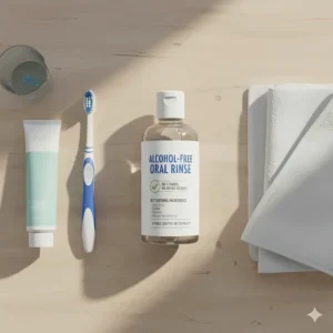 A flat-lay image of a soft-bristle toothbrush, fluoride toothpaste, and mouthwash for dry mouth.