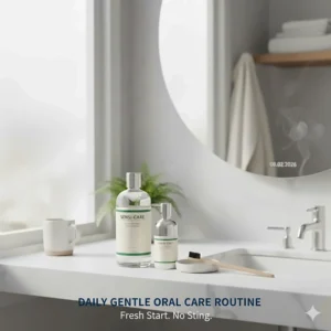 A clean, minimalist morning scene in a British bathroom, promoting a daily gentle oral care routine that starts the day without the sting of alcohol.