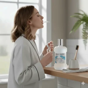 A woman in a dressing gown using whitening mouthwash as part of her daily morning routine in a contemporary bathroom.