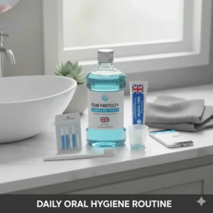 A daily dental care set including a soft toothbrush, interdental brushes, and mouthwash for healthy gums and teeth.