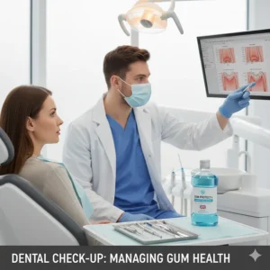 A patient at a UK dental surgery discussing periodontitis management and specialist mouthwash with their dentist.