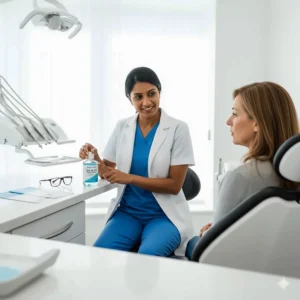 A British dentist discussing oral health and mouthwash recommendations with a patient in a dental surgery.