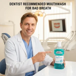 A friendly British dentist pointing to a bottle of professional-grade mouthwash for bad breath.