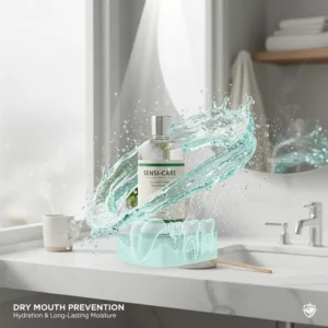 A refreshing illustration of a hydrating water vortex, symbolising dry mouth prevention and long-lasting moisture for oral comfort.