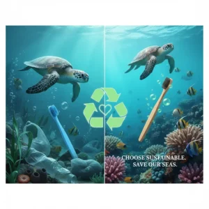 Illustration showing the environmental benefit of switching to an eco friendly toothbrush to protect marine life and reduce plastic pollution in the sea.