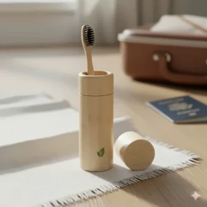 A portable bamboo travel case for an eco friendly toothbrush, perfect for sustainable holidays.