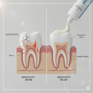 An educational illustration comparing exposed dentine causing nerve sensitivity to a tooth protected by enamel repair toothpaste that seals microscopic tubules.