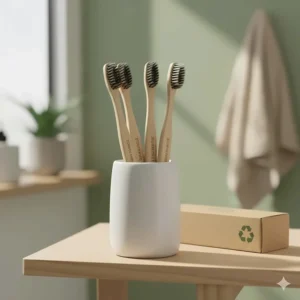 A multi-pack of four eco friendly toothbrushes with different coloured bottoms for a British family household.