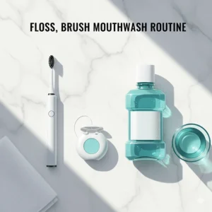 A flat-lay illustration of a complete UK dental hygiene routine including toothbrush, floss, and mouthwash.