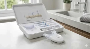 Two white LED teeth whitening devices with high-intensity blue light technology on a stone bathroom counter.