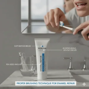 A person in a bright British bathroom demonstrating the correct brushing technique using a pea-sized amount of enamel repair toothpaste on a soft toothbrush.