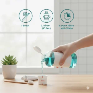 An infographic showing a person pouring the correct 20ml dose of mouthwash into a cap as part of a daily oral hygiene routine.