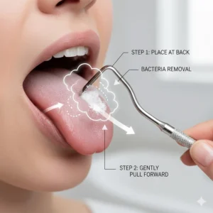 Alt text for image 2: A step-by-step diagram illustrating how to use a tongue scraper safely and effectively to remove bacteria from the back of the tongue.