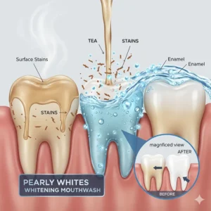 Professional diagram showing how whitening mouthwash lifts surface stains from tea and coffee while protecting enamel.